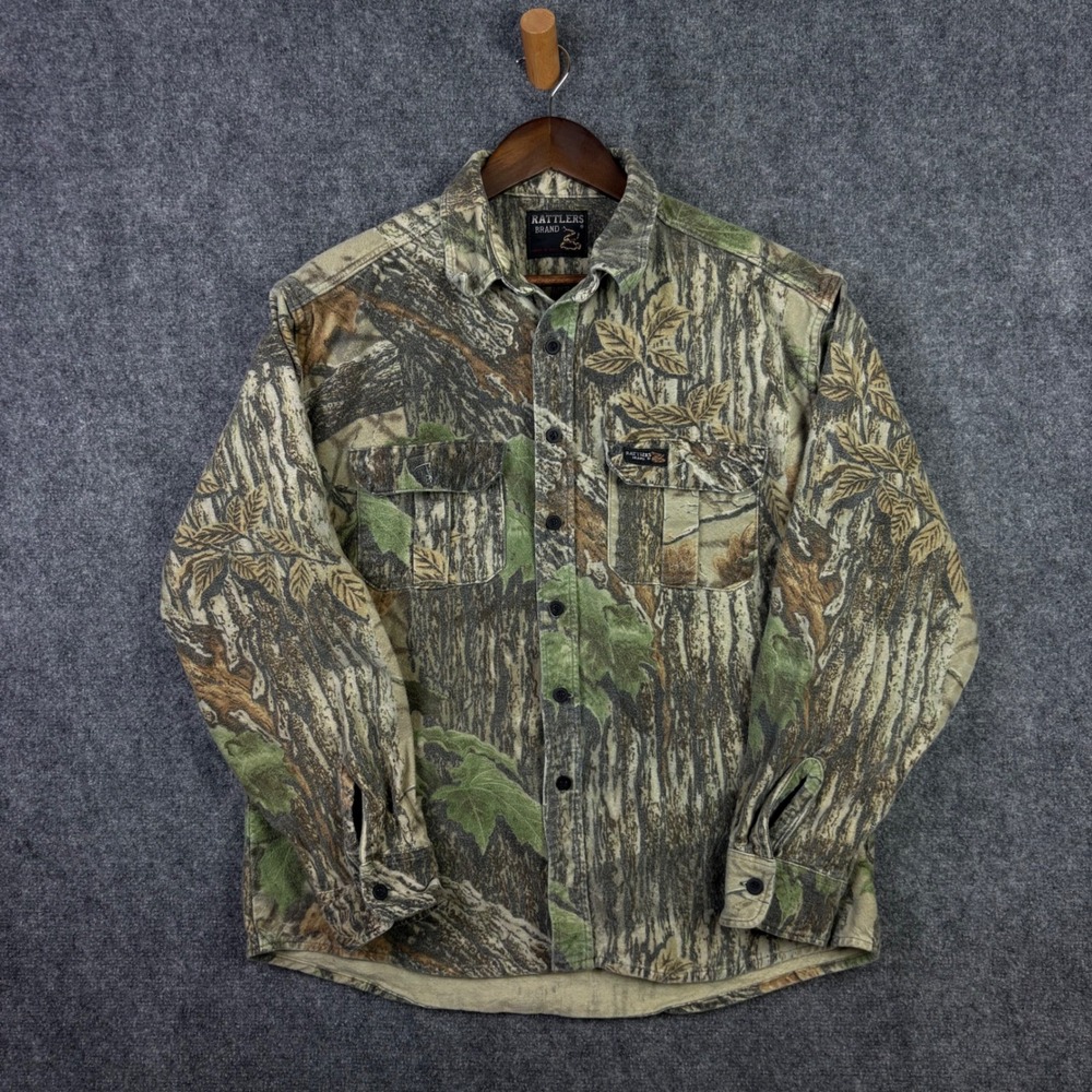 Rattlers Brand Flannel Shirt Mens Large Camo Tree Bark Hunting Made in USA 0669